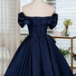 Cute Navy Blue Off-the-Shoulder Satin Bow Homecoming Dress DP8479