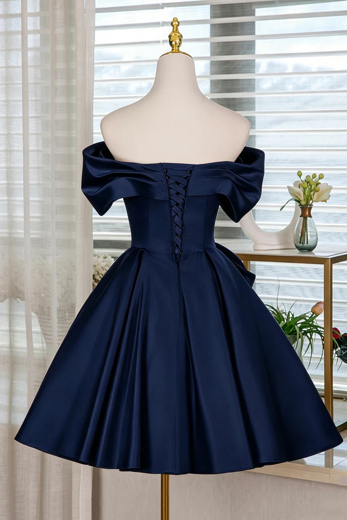 Cute Navy Blue Off-the-Shoulder Satin Bow Homecoming Dress DP8479