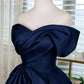 Cute Navy Blue Off-the-Shoulder Satin Bow Homecoming Dress DP8479