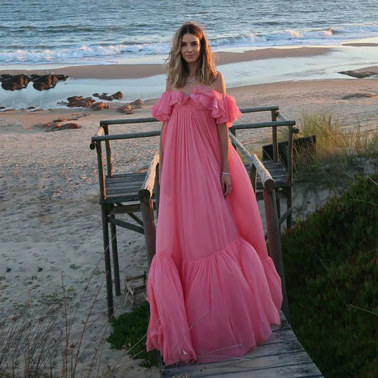 Vintage Pink Off-the-Shoulder Ballkleid Langes Plissee Abendkleid Formelles Kleid, DP6592