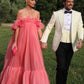 Vintage Pink Off-the-Shoulder Ballkleid Langes Plissee Abendkleid Formelles Kleid, DP6592