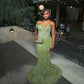 Superbe robe de bal verte perlée, longue, décolleté en cœur, style sirène, DP6578