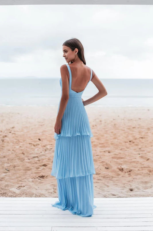 Vintage Blue Sweetheart Pleated A-Line Tiered Long Prom Dress Party Dress Evening Dress DP6462
