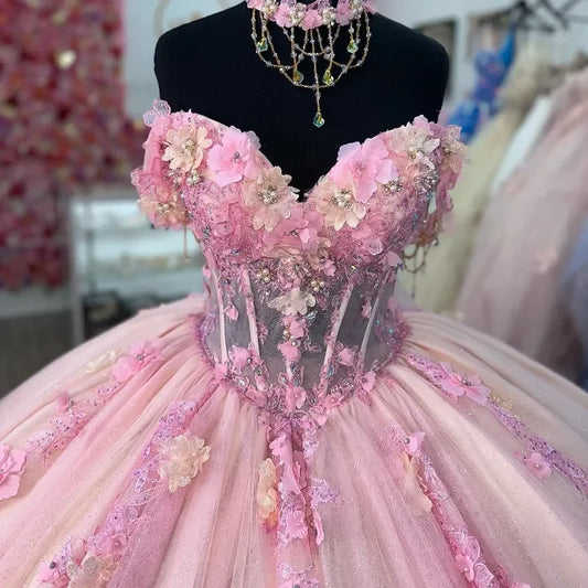 Wunderschönes rosa Sweetheart-Applikation mit Perlen Sweet 16 Quinceanera A-Linie Tüll bodenlanges Ballkleid Geburtstagskleid Abendkleid Ballkleid DP6456