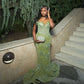 Superbe robe de bal verte perlée, longue, décolleté en cœur, style sirène, DP6578