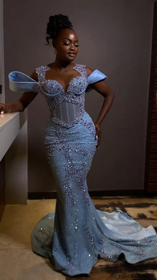 Wunderschönes himmelblaues Ballkleid mit Perlen, lang, herzförmiger Ausschnitt, Meerjungfrau-Abendkleid, formelles Kleid, DP6585