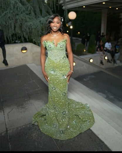 Superbe robe de bal verte perlée, longue, décolleté en cœur, style sirène, DP6578