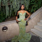 Superbe robe de bal verte perlée, longue, décolleté en cœur, style sirène, DP6578