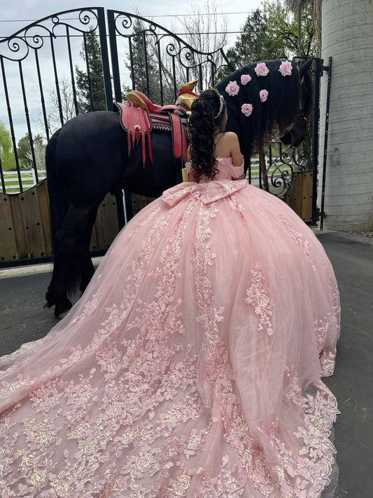 Elegantes rosa Herzausschnitt-Applikation-Schulterfreies Sweet 16 Quinceanera A-Linie Tüll Bodenlanges Ballkleid Geburtstagskleid Abendkleid Ballkleid DP6502