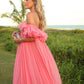 Vintage Pink Off-the-Shoulder Ballkleid Langes Plissee Abendkleid Formelles Kleid, DP6592