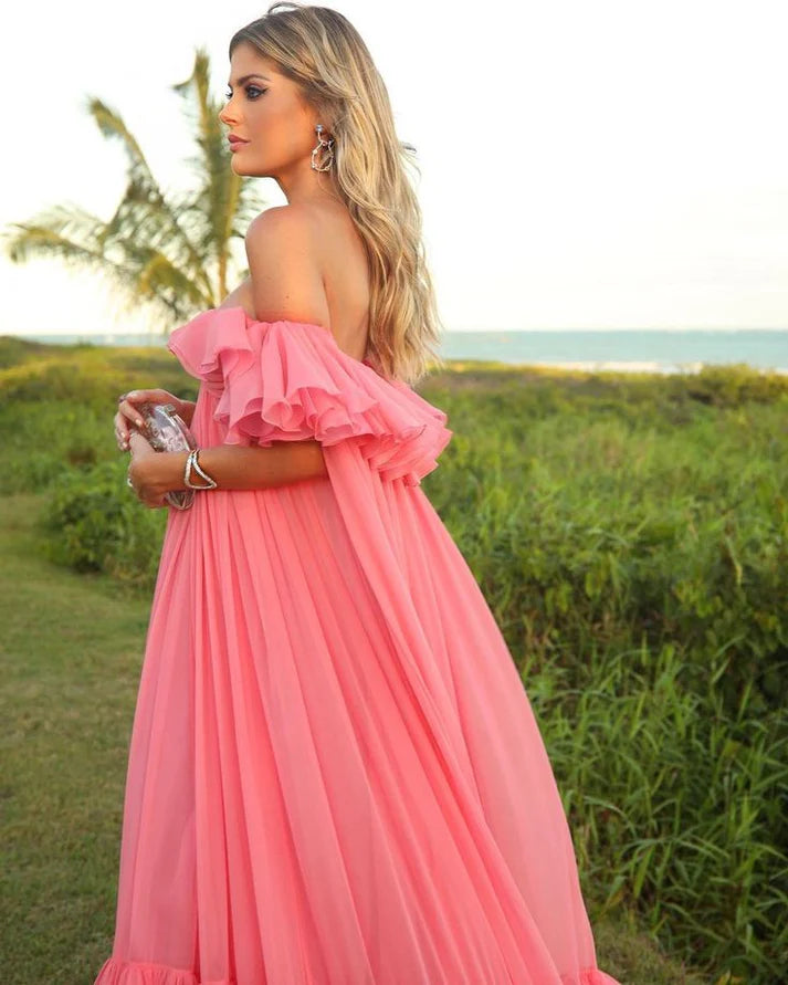 Vintage Pink Off-the-Shoulder Ballkleid Langes Plissee Abendkleid Formelles Kleid, DP6592