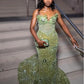 Superbe robe de bal verte perlée, longue, décolleté en cœur, style sirène, DP6578
