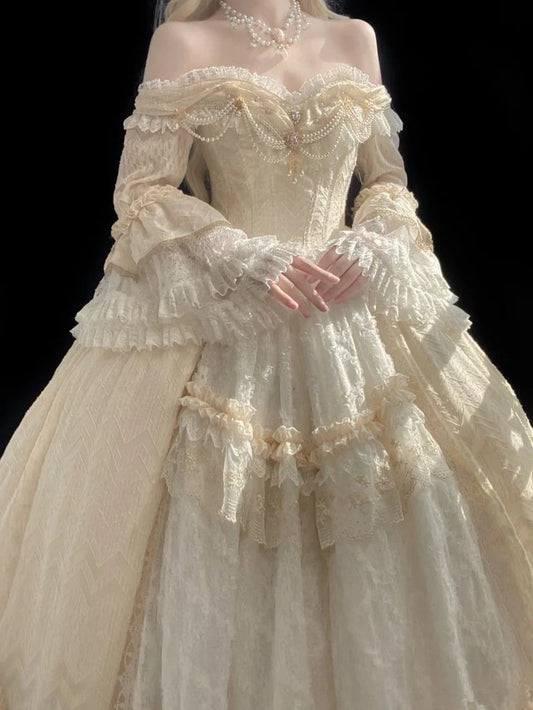 Superbe robe de mariée trapèze ivoire en dentelle à épaules dénudées et manches longues, robe de bal, robe de soirée DP6573