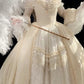 Gorgeous Ivory Sweetheart Lace Off-the-shoulder Long-sleeve A-Line Wedding Dress Ball Gown Prom Dress Evening Dress DP6573