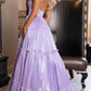 Elegant Shiny Tiered V-Neck Spaghetti Straps Evening Gown Prom Dress DP8163