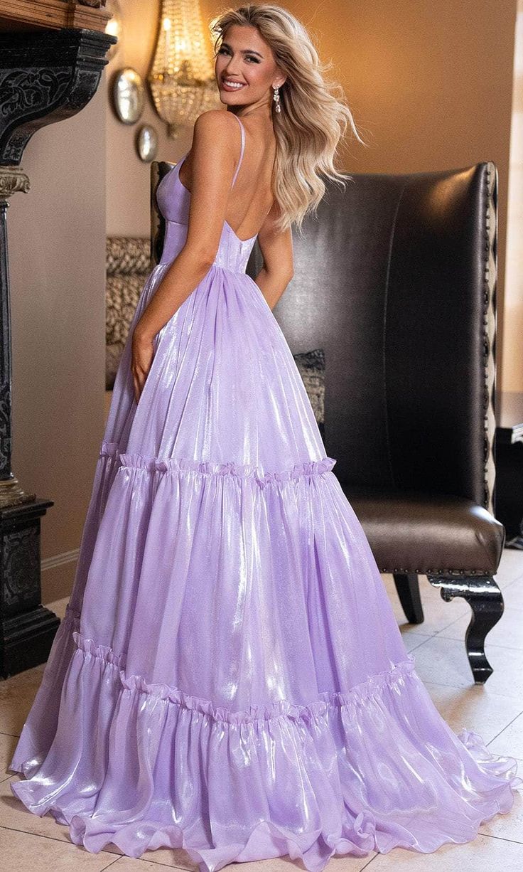 Elegant Shiny Tiered V-Neck Spaghetti Straps Evening Gown Prom Dress DP8163