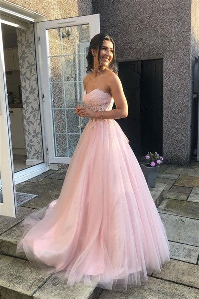 Elegant Strapless Pink Tulle Lace Appliques Sweet 16 Quinceanera Ball Gown DP8270