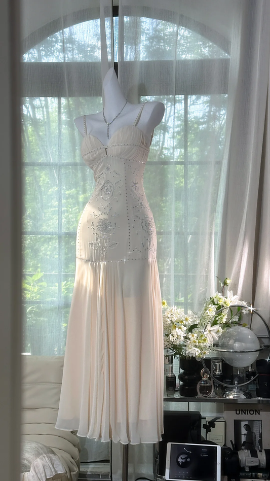 Vintage Glitzernde Pailletten Elfenbein Meerjungfrau Ballkleid Abendkleid DP6357