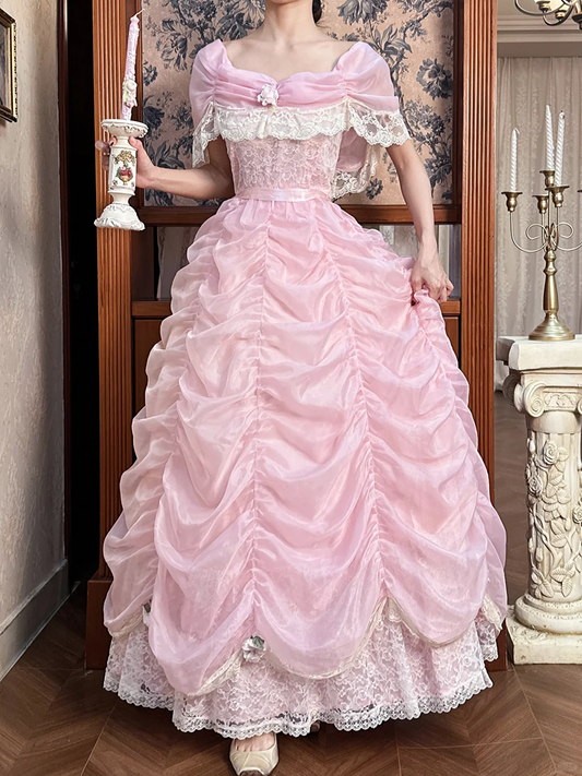 Robe de bal vintage rose pâle à fronces en organza et bordure en dentelle pour Sweet 16 ou Quinceañera DP7940