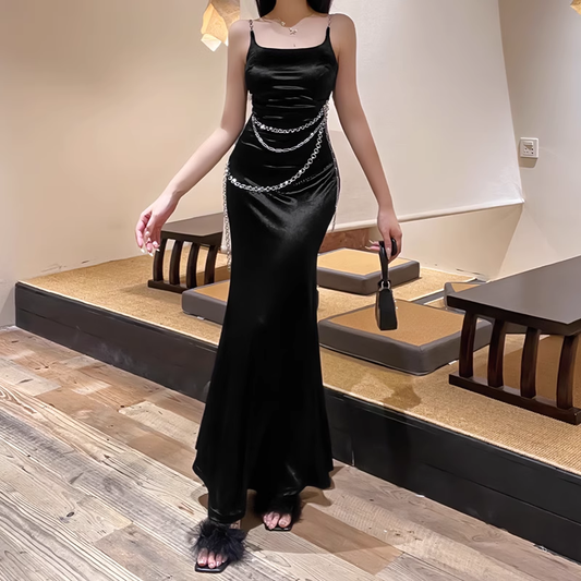 Wunderschönes schwarzes Spaghettiträger-Taillenketten-Meerjungfrauen-langes Ballkleid Abendkleid DP6402