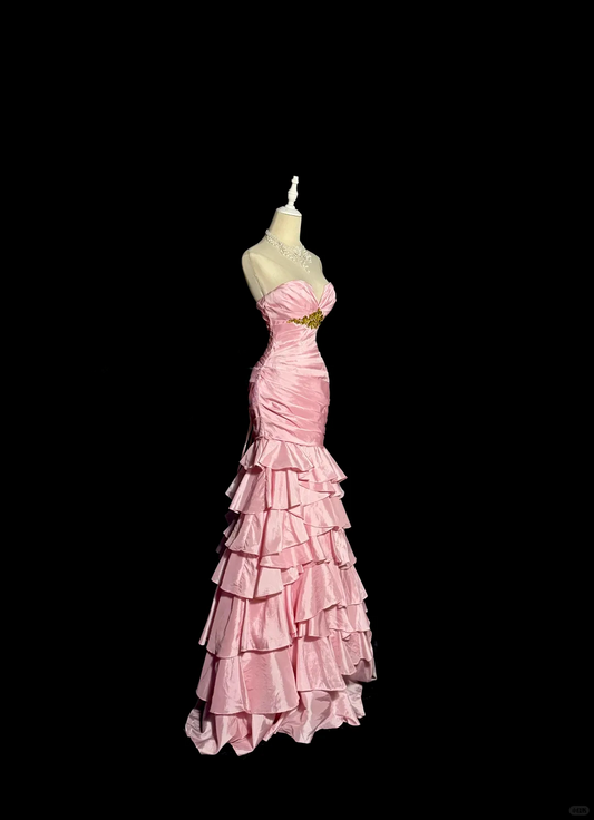 Vintage Pink Satin Sweetheart Neckline Beaded Mermaid Ruffled Tiered Evening Gown DP7353