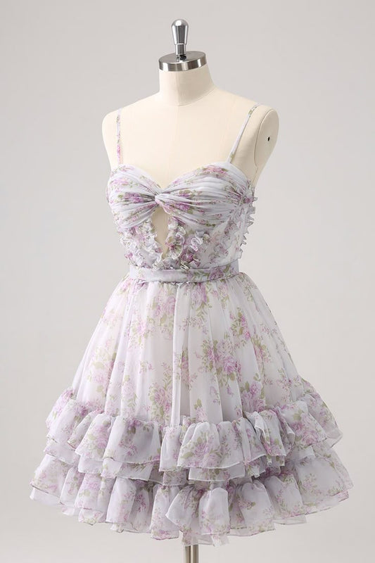 Vintage A-Line Homecoming Dress Spaghetti Straps Ruffled Floral Print Tiered Cocktail Dress, DP5816