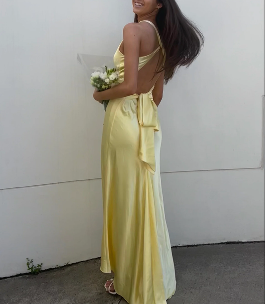 Yellow V Neck Backless Elegant Party Dress Wedding Guest Dress, DP2861