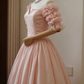 Cute Pink Off-the-Shoulder Ruffled Puff Sleeve Tea-Length Homecoming Dress DP8378