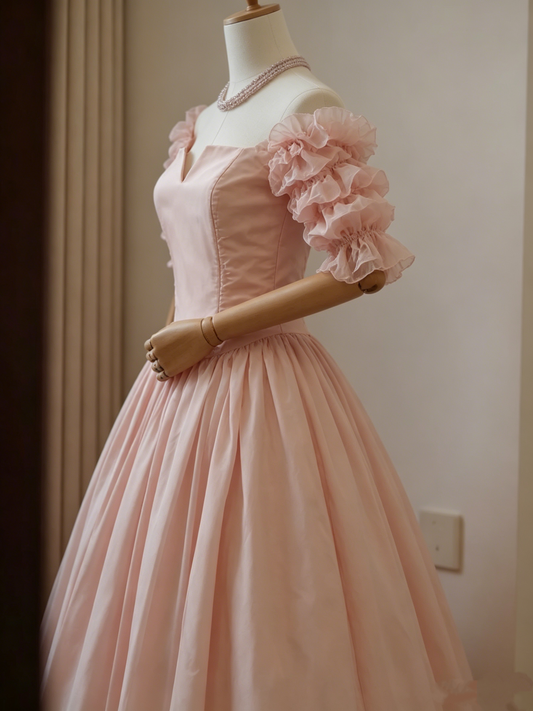 Cute Pink Off-the-Shoulder Ruffled Puff Sleeve Tea-Length Homecoming Dress DP8378