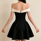 Elegant Black Off-the-Shoulder White Chiffon Ruffle Trim A-Line Homecoming Dress DP8745