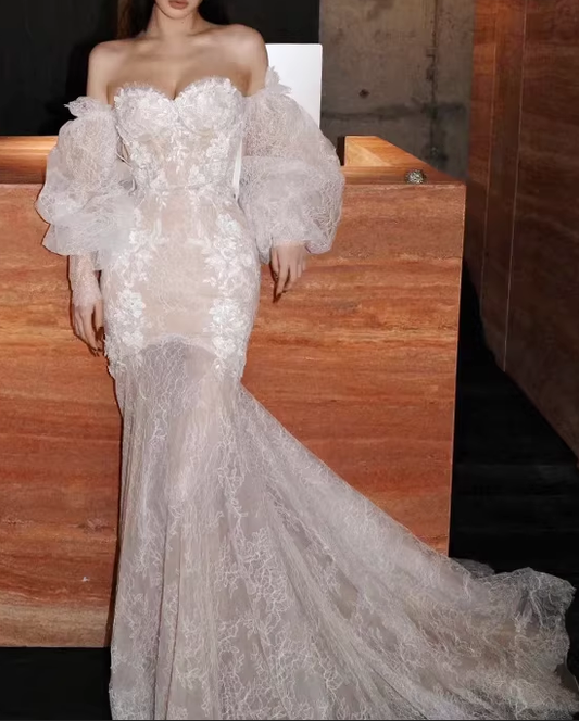 Vintage Off-the-Shoulder Puff Sleeve Lace Mermaid Wedding Dress Sheer Illusion Bridal Gown with Cathedral Train DP7858
