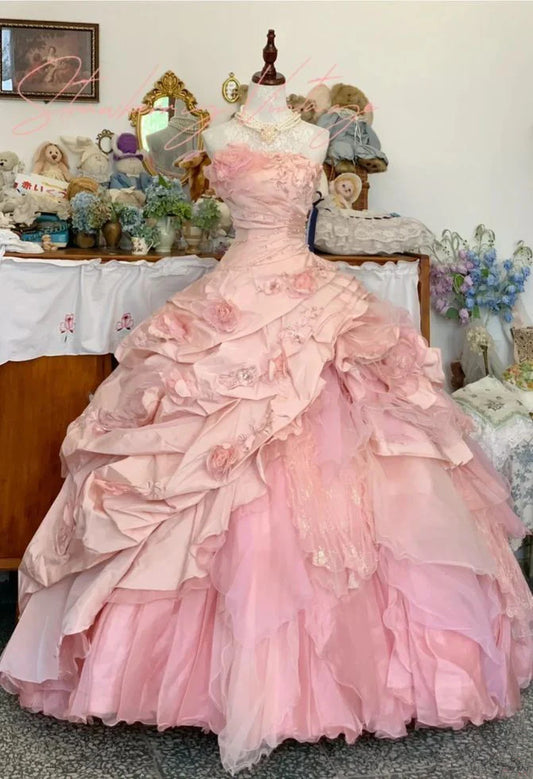 Elegant Pink 3D Flower Sweet 16 Quinceanera A-Line Floor-length Prom Dress Birthday Dress Evening Dress Ball Gown DP6442