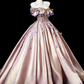 Elegant Pink Sequin Satin Prom Dress A-Line 3D Flowers Evening Gown Off-the-shoulder Party Dress Long Formal Dress DP6931