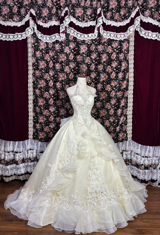 Glamorous Ivory Halter Neck Beaded A-Line Lace Ruffled Wedding Dress DP7345