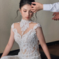 Gorgeous High-Neck Lace Mermaid Wedding Dress Sheer Illusion Bodice & Long Train Bridal Gown DP8314