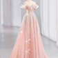 Pink Off Shoulder A-Line Tulle Appliques Long Formal Party Dress, DP4708