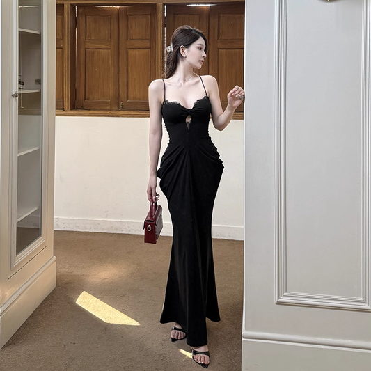 Bezauberndes schwarzes Sweetheart Spaghettiträger Plissee Meerjungfrau Ballkleid Abendkleid DP6408