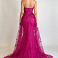 Elegant Fuchsia Strapless Sweetheart Mermaid Sparkly Sequin Lace Tulle Train Evening Gown DP8647