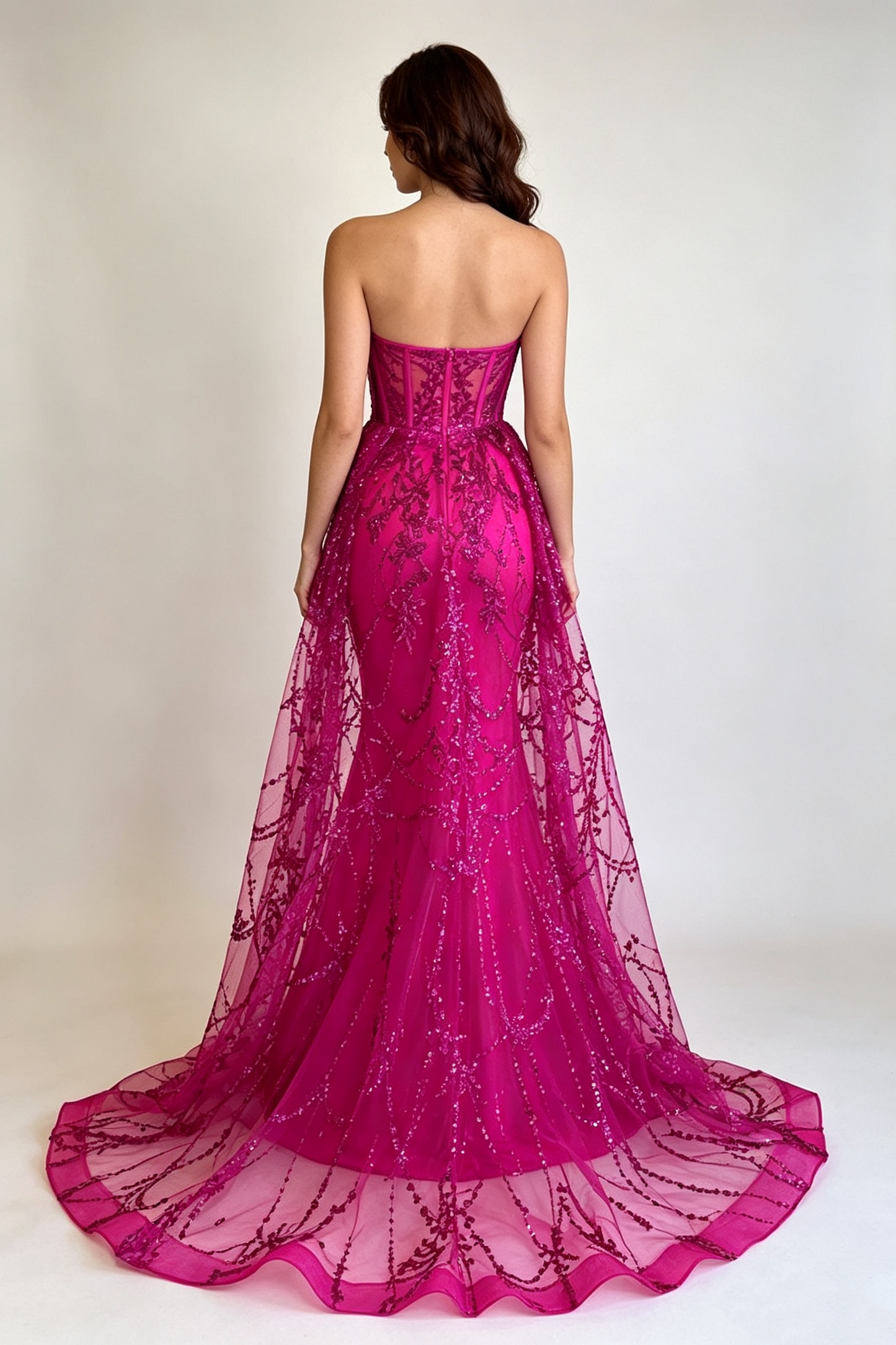 Elegant Fuchsia Strapless Sweetheart Mermaid Sparkly Sequin Lace Tulle Train Evening Gown DP8647