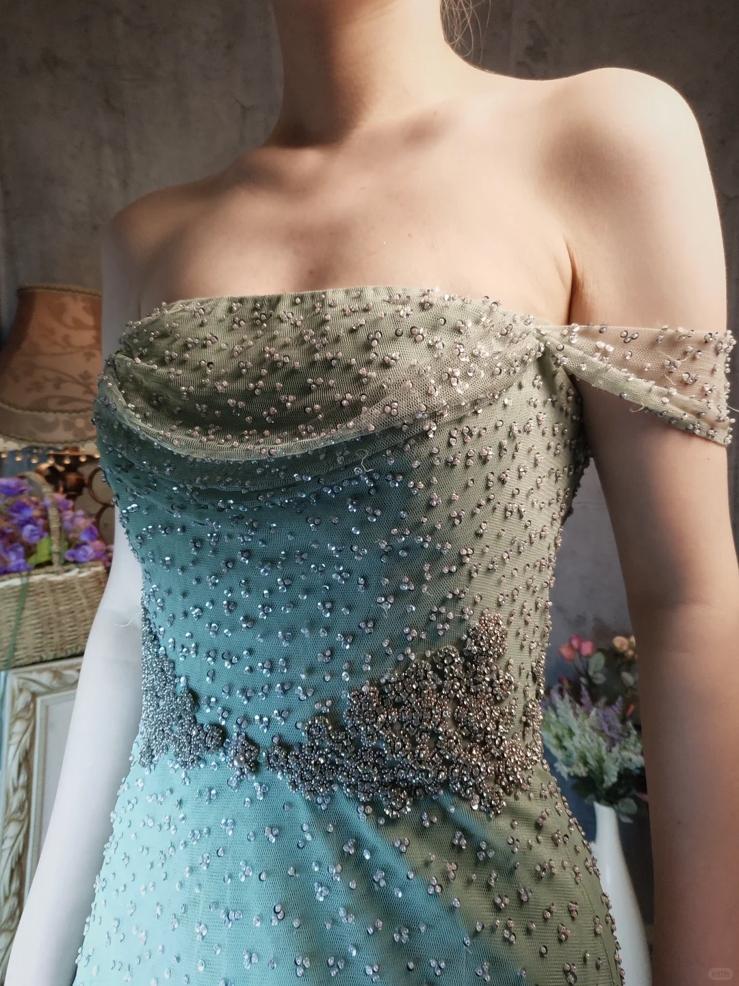 Vintage Light Green Off-the-shoulder Sparkling Beaded Design A-line Short Homecoming Dress DP6056