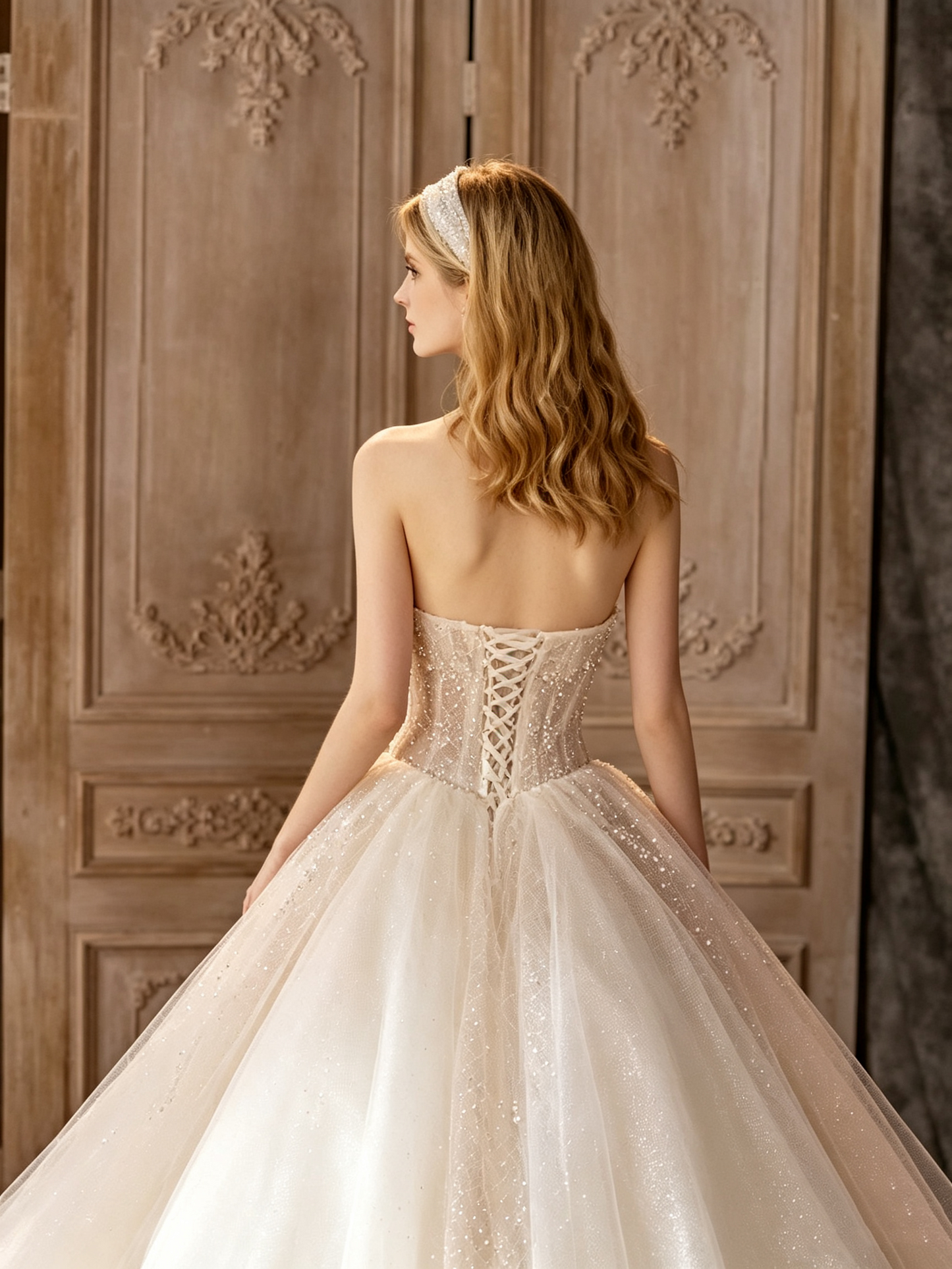Romantic Strapless Pleated Sparkly Beaded Sequins Glitter Tulle A-Line Wedding Dress DP8848