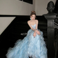 Wunderschönes glänzendes hellblaues trägerloses A-Linien-Tüll-Brautkleid, Ballkleid, Abendkleid DP6248