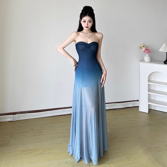 Simple Gradient Blue Sweetheart Strapless A-Line Summer Dresses Prom Dress Evening Dress DP6340