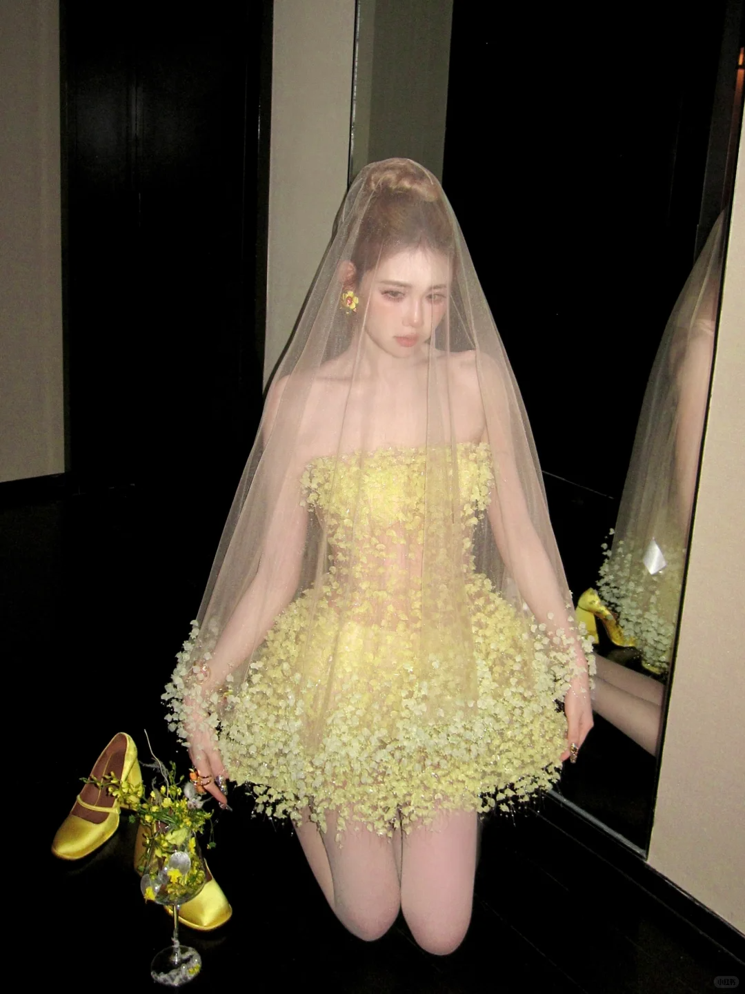Fashion Yellow Sequined Strapless A-Line Veil Design Tulle Party Dress Homecoming Dress DP6246