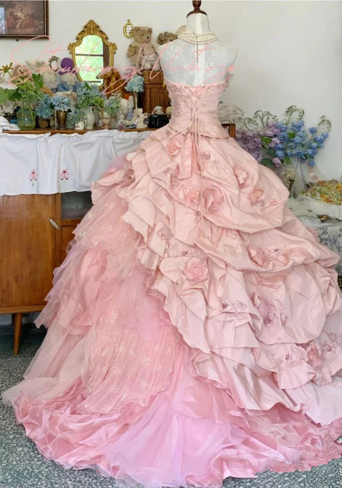 Elegant Pink 3D Flower Sweet 16 Quinceanera A-Line Floor-length Prom Dress Birthday Dress Evening Dress Ball Gown DP6442