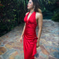 Robe de bal vintage en satin rouge vif, col en V, volants, dos nu, robe de soirée trapèze, DP6567