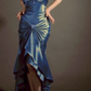 Retro Glam Olive Green Satin Mermaid Prom Dress Spaghetti Strap Ruffled Evening Gown DP7911