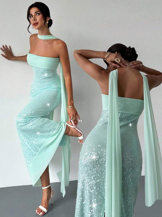 Vintage Turquoise Glittering Sequin Prom Dress Sheath Evening Dress Strapless Party Dress Long Formal Dress DP6872