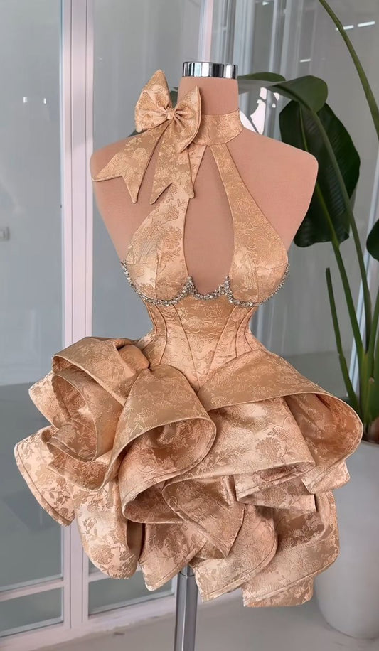 Retro Champagner Bowknot Neckholder Kleid Design A-Linie Satin Partykleid Homecoming Kleid DP6086