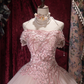 Elegant Pink Off-the-Shoulder Floral Lace Appliques Sweet 16 Quinceanera Ball Gown DP8339